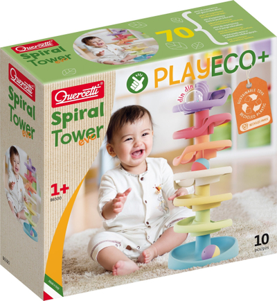 Игра за градење Quercetti PlayEco+ Spiral Tower Evo, 10 делови, со топчиња и звуци, повеќебојна