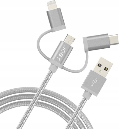 Kabllo karikimi JOBY Charge and Sync 3 në 1, 1.2m, USB C Lightning Micro USB, gri metalike