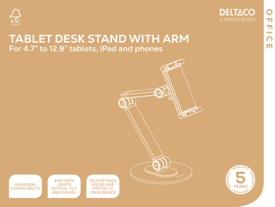 Mbajtëse tavoline Deltaco Universal, me krah që rregullohet, 4.7"-12.9", e bardhë