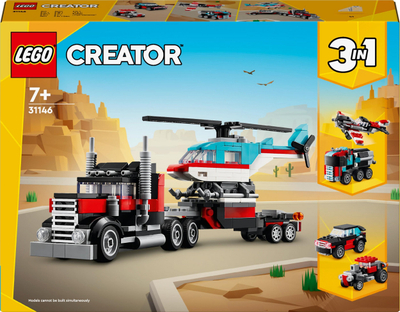 Set lodër LEGO Creator 31146, kamion me platformë dhe helikopter, 270 pjesë, shumëngjyrësh