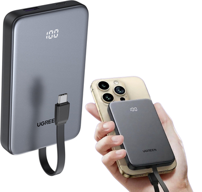 Пренослив полнач Ugreen PB526, 10000mAh, 20W, со USB‑C кабел, сив