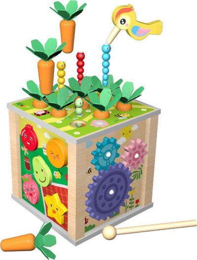 Kub edukativ prej druri LEAN Toys 6in1, multifunksional, sensorial