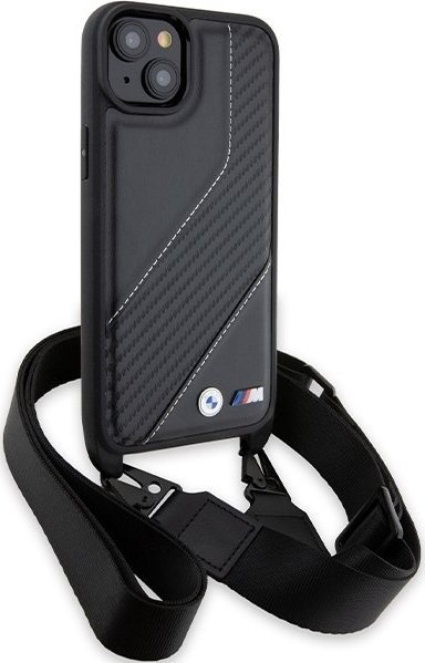 Mbrojtëse telefoni BMW M Edition Carbon Stripe me rrip, për iPhone 15 Plus 14 Plus, e zezë