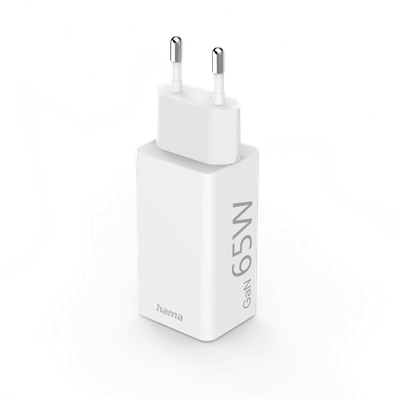 Karikues i shpejtë Hama, GaN, 1x USB-C PD, 1x USB-A QC, mini karikues, 65 W, i bardhë