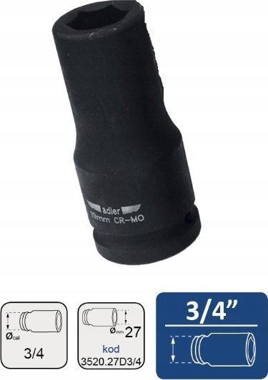 Çelës goditës me fole Adler Impact Socket 3/4", 27mm, i gjatë, i zi