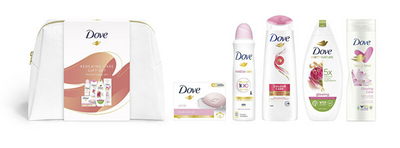 Set për trup Dove Glowing, xhel për dush 250 ml + losion për trup 225 + shampo për flokë 250 ml + antiperspirant 150 ml + sapun i ngurtë 90 g + çantë kozmetike