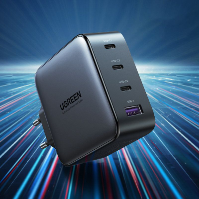 Karikues muri Ugreen Nexode 100W GaN, 3x USB-C 1x USB-A, karikim i shpejtë, gri e errët