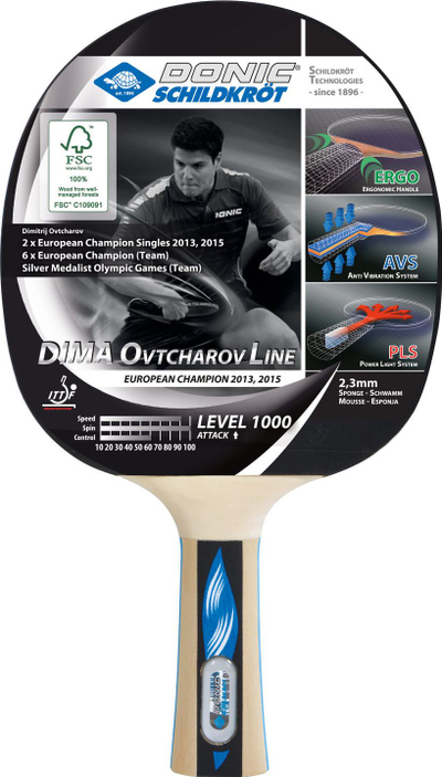 Raketë pingpongu Donic Ovtcharov Level 1000, sfungjer 2.3mm, dorezë ergonomike, e zezë