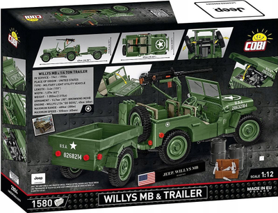 Set ndërtimi COBI Willys MB me rimorkio Executive Edition 2804, 1:12, 1580 copa, jeshile ushtarake