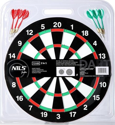 Set loje shigjetash, tabelë dyanshme 38 cm, 6 shigjeta çelik, bardh e zi