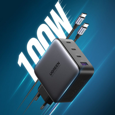 Karikues muri Ugreen Nexode 100W GaN, 3x USB-C 1x USB-A, karikim i shpejtë, gri e errët