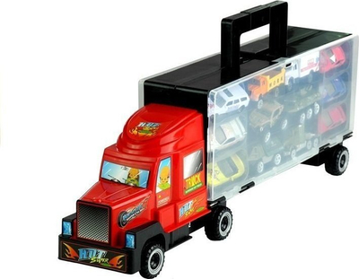 Set lodrash Leantoys Truck, kamion me valixhe, 12 makina të vogla, i kuq