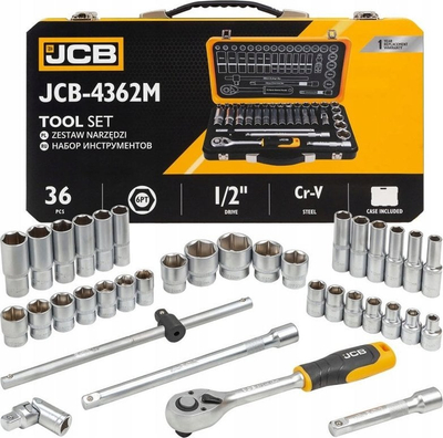Set çelësash me godinë JCB, 1/2", 36 copë, çelik Cr-V