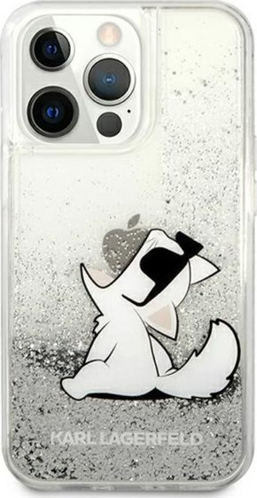 Kapak telefoni Karl Lagerfeld Liquid Glitter Choupette, për iPhone 13 Pro, silikon, argjendt transparent