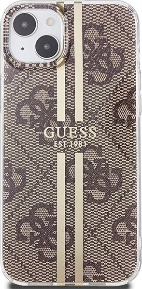 Kapak telefoni Guess IML 4G Gold Stripe për iPhone 15 Plus / 14 Plus, kafe