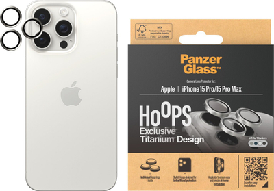 Mbrojtës lente PanzerGlass Hoops, për iPhone 15 Pro Pro Max, set unaza xhami, kornizë titanium e bardhë