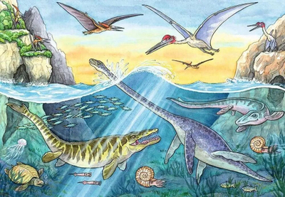 Puzzle për fëmijë Ravensburger 05128 Dinosaur and Her Habitats, 2 x 24 pjesë, plav e gjelbër smerald
