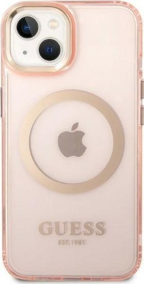 Mbulesë telefoni Guess GUHMP14MHTCMP për iPhone 14 Plus, MagSafe, rozë transparente me kornizë ari