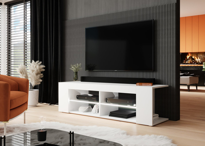 Komodë TV Bed Meble Texas RTV, 134 cm, me rafte xhami, e bardhë