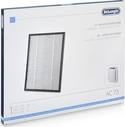 Set filtrash për pastrues ajri DeLonghi AC75, filtër HEPA 0.3 mikron, filtër karboni aktiv, i zi
