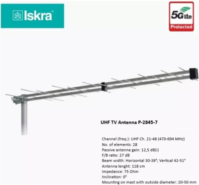 Antena TV Iskra P-2845-7, UHF e jashtme, 5G Lite, gri
