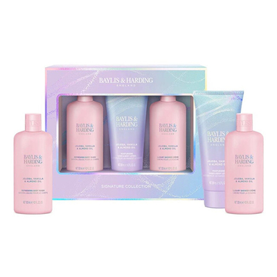 Set për trup Baylis & Harding Jojoba, Vanilla & Almond Oil, krem dushi 300 ml + qumësht për trup dhe duar 200 ml + sapun i lëngshëm për trup 300 ml