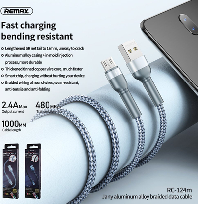 Kabllo USB në Micro USB Remax Jany Alloy RC-124m, 1m, 2.4A, argjendtë