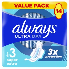 Përdhesa higjienike Always Ultra Day Super Extra, madhësia 3, 14 copë, të bardha