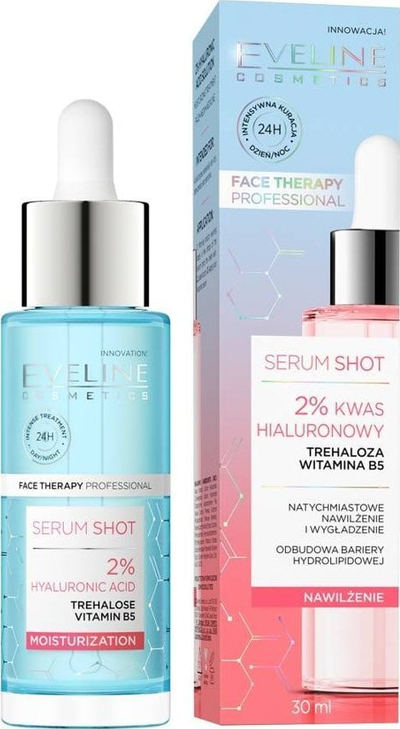 Serum fytyre Eveline Cosmetics Shot Serum 2% Hyaluronic Acid, hidratues dhe ushqyes, 30ml