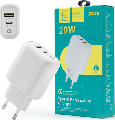 Karikues muri DENMEN DC26, 20W, USB dhe USB C, i bardhë