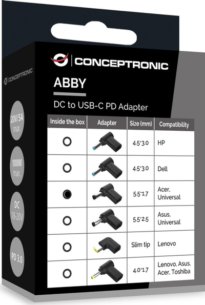 Adapter DC në USB C Conceptronic ABBY15PC03, 5.5x1.7mm, universal, i zi