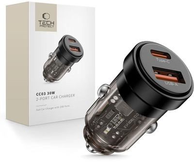 Полнач за автомобил Tech-Protect CC03, 2 порти PD 30W QC 3.0, црн