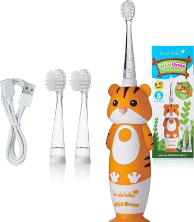 Furçë dhëmbësh elektrike për kalamajt Brush-Baby WildOnes Tiger, timer 2 min, 3 koka, shumëngjyrëshe