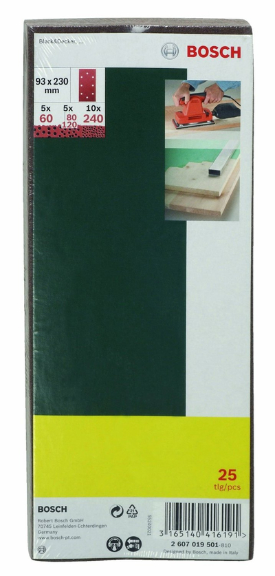 Letra zmerile Bosch 2607019501, set 25 copë, 93x230mm, granulim 60-240
