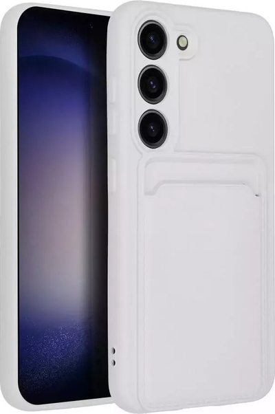 Заштитна навлака за картички за телефон Samsung Galaxy S23, силиконска, со џеб за картички, бела