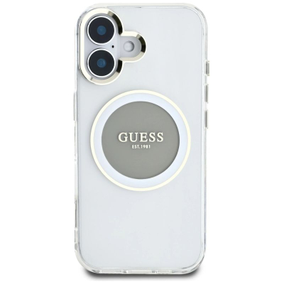 Футрола за телефон Guess IML Metal Circle MagSafe, за iPhone 16 6.1", проѕирна сива
