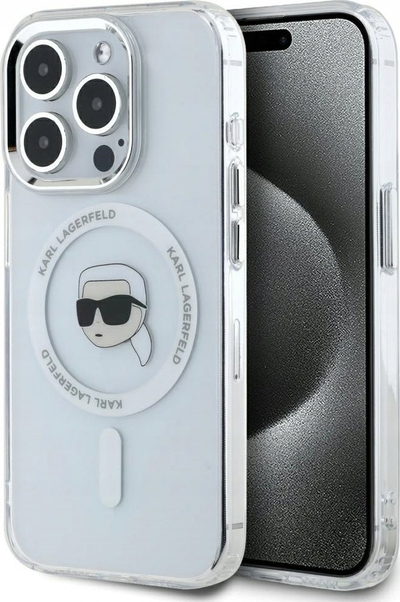 Заштитна маска Karl Lagerfeld IML Karl Head Metal Frame MagSafe, за iPhone 15 Pro Max, проѕирна
