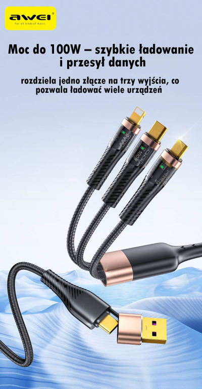 Kabllo karikimi Awei CL-228, 3 në 2 USB C Lightning Micro USB, 1.5m, i zi