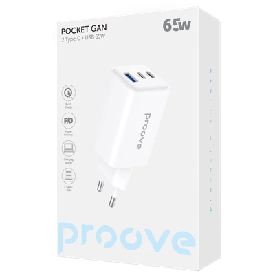 Karikues muri Proove Pocket, 65W, me 2×Type-C dhe USB, i bardhë