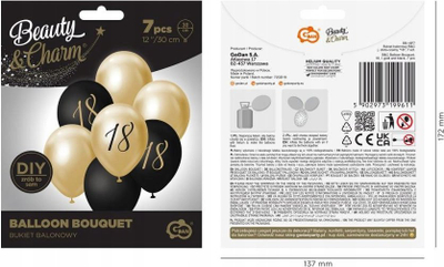 Balona dekorative Godan Beauty&amp;Charm 18 vjet, set me 7 copë, 30 cm, të arta dhe të zeza