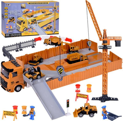 Set lodrash ndërtimi GLW TIR Truck, 6 makina ndërtimi, me vinç dhe platformë që hapet, portokalli