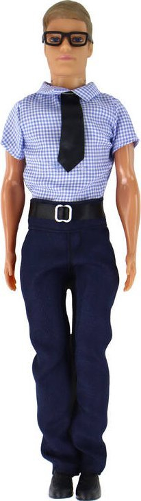 Kukull Kevin Leantoys, me syze, me këmishë kaltërosh, me pantallona blu të errëta
