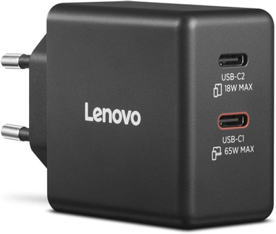 Полнач USB C Lenovo Dual 65W GaN, 2 порти USB C, црн