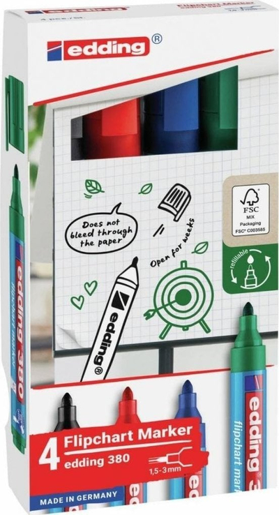 Marker flipchart Edding 380, set 4 copë, 1.5–3 mm, shumëngjyrësh