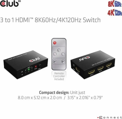 Ndarës HDMI Club 3D CSV-1381, 3 me 1, 8K 60Hz 4K 120Hz, me telekomandë, ngjyrë e zezë