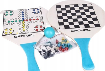 Set lojrash Spokey Beach Badminton 3 në 1 Chess Ludo, raketa druri, çantë rrjete, shumëngjyrësh