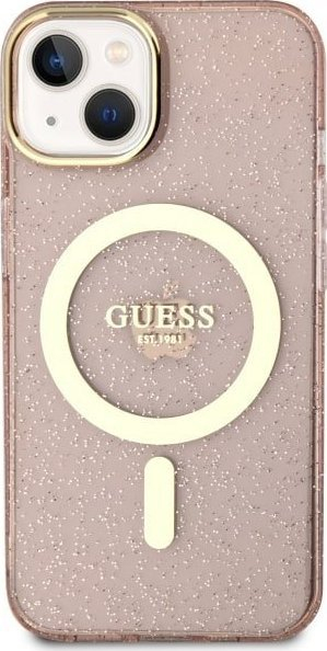 Mbrojtëse telefoni Guess Glitter për iPhone 14, MagSafe, rozë me shkëlqim