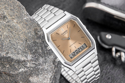 Orë dore Casio Vintage AQ230A 4A, analoge dhe dixhitale, çelik inox, argjendtë