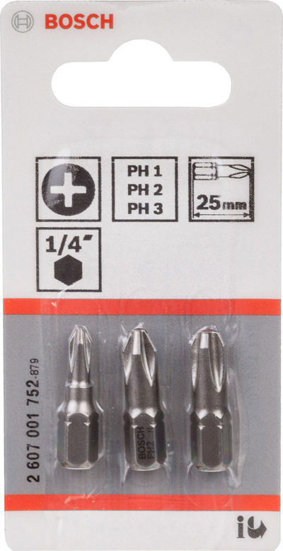 Сет битови за шрафцигер Bosch Extra Hard, 3 парчиња, PH1 PH2 PH3, 25mm