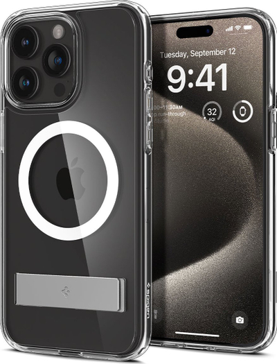 Futrollë Spigen Ultra Hybrid S MagFit për iPhone 15 Pro Max, me MagSafe, me stand, transparente